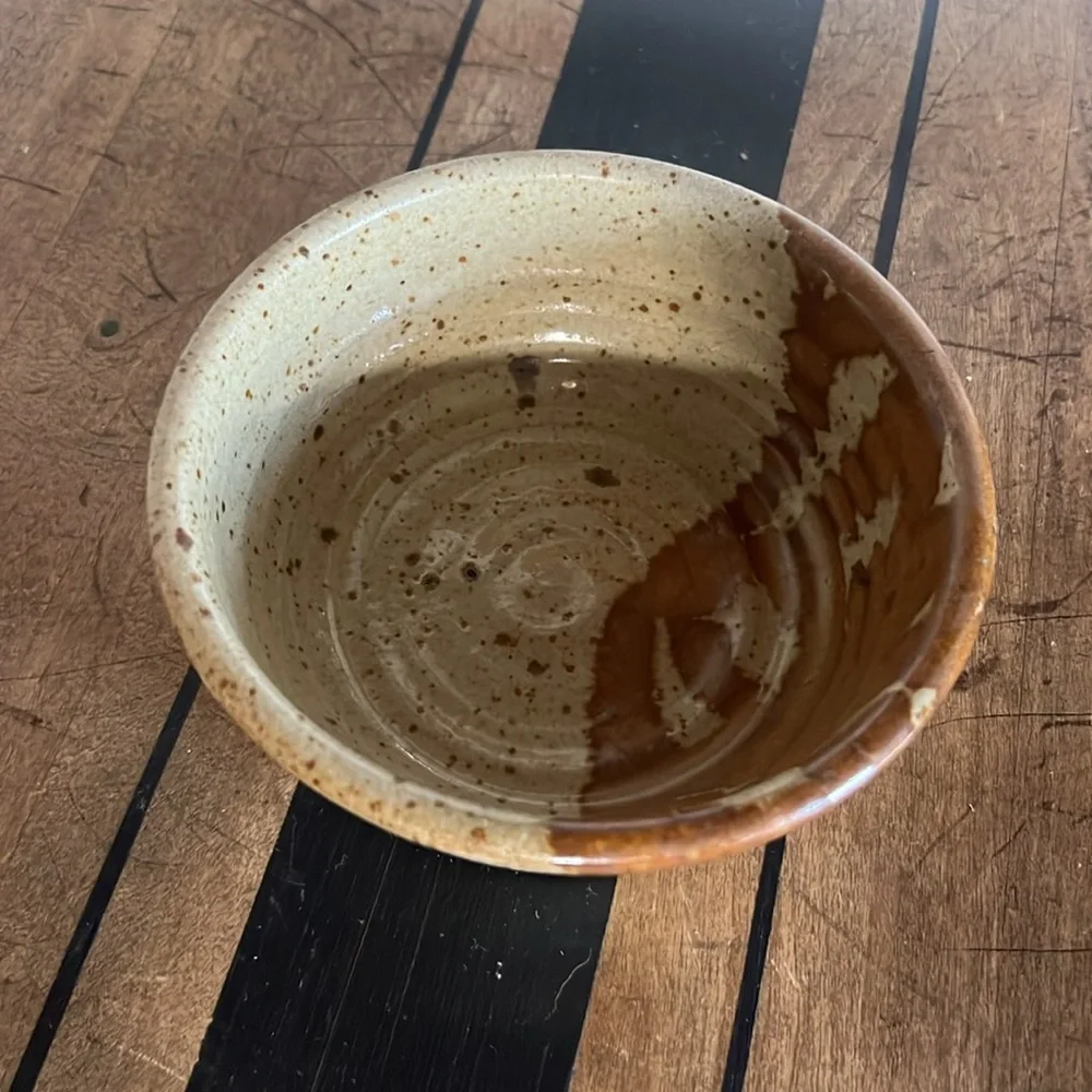 Handmade pottery bowl tan and brown glazed